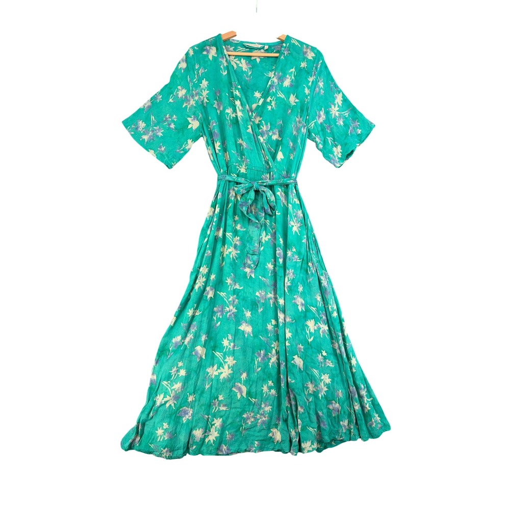 Soft Surroundings Teal Floral Faux Wrap Maxi Dress Large Short Sleeve Boho 2DE73